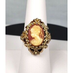 Vintage/Antique HMS Crown Marked Cameo Ring Ornate Queen's Flowers Sz 7